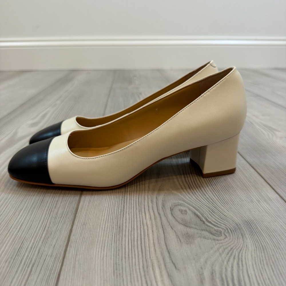 Talbots Womens Cream Black Cap Toe Block Heel Pumps Leather Size 7M Brazil